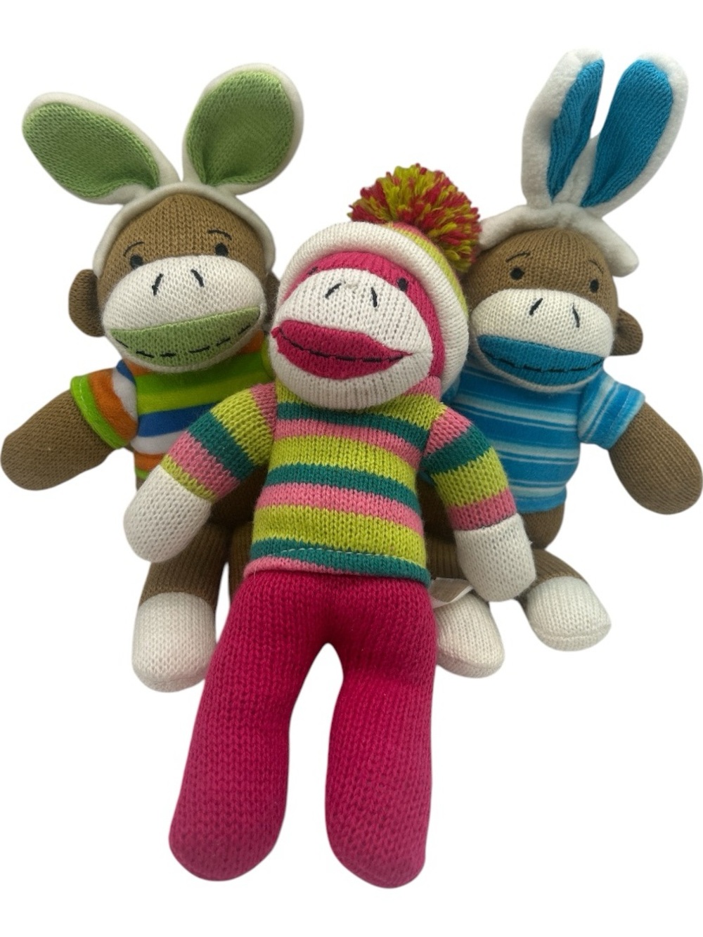 Dan Dee Sock Monkey Plush Lot of 3 Bunny Ears Beanie Striped Knit Stuffed Monkey